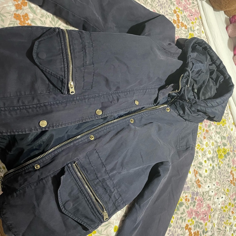 Navy blue hooded jacket with multiple pockets #hoodedjacket